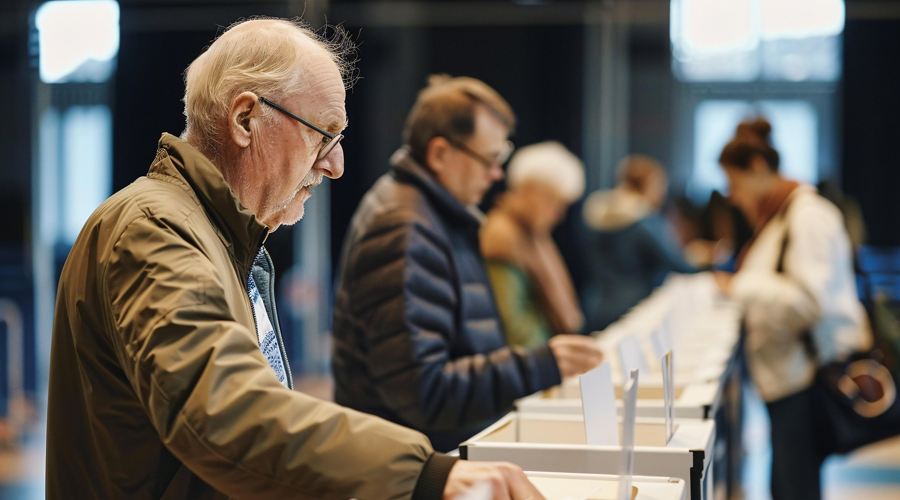 Several adults are shown placing their voting slips into election station boxes.
